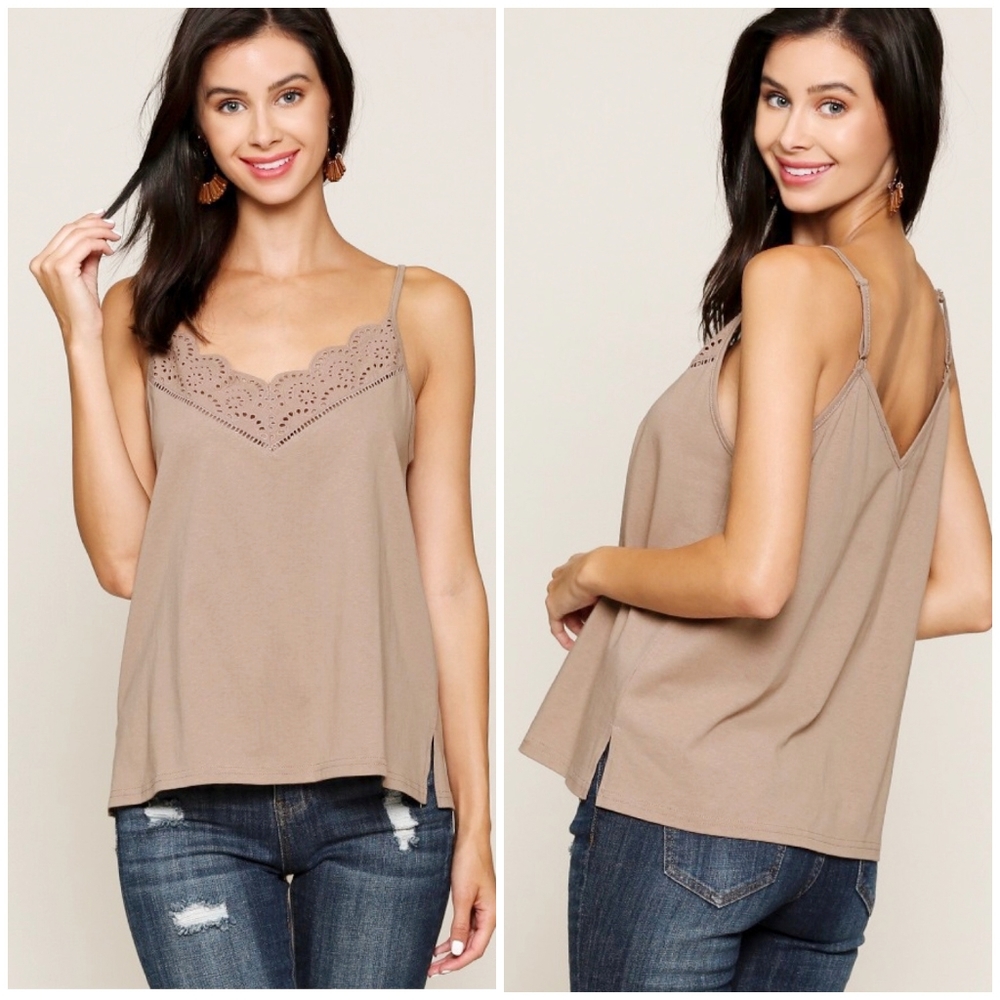 GIGIO Boho Chic Latte Mixed Eyelet Cami Top - Picture 6 of 6